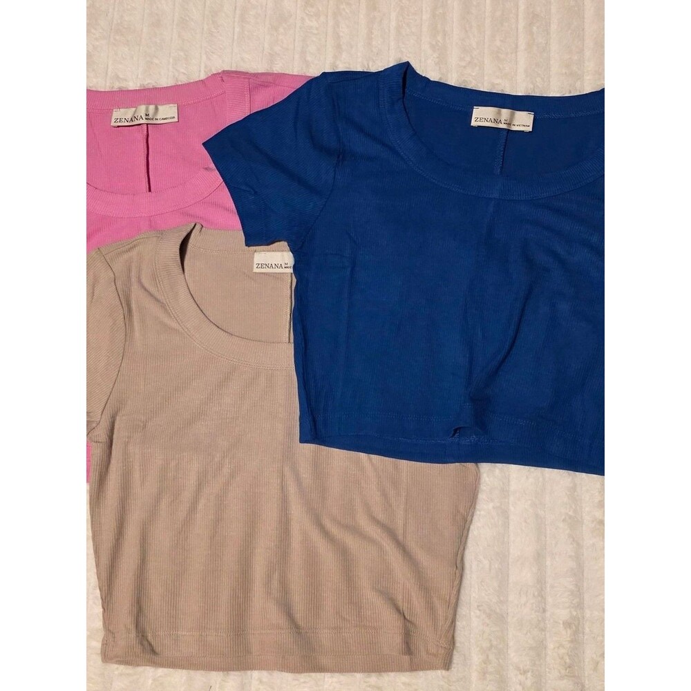 Zenana Women's Ribbed Crop Tops - Blue, Pink, Tan